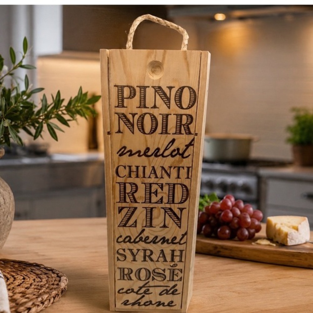 Argento SC Wooden Wine‎ Gift Box Engraved Sliding Lid Rope Handle Single 31-08